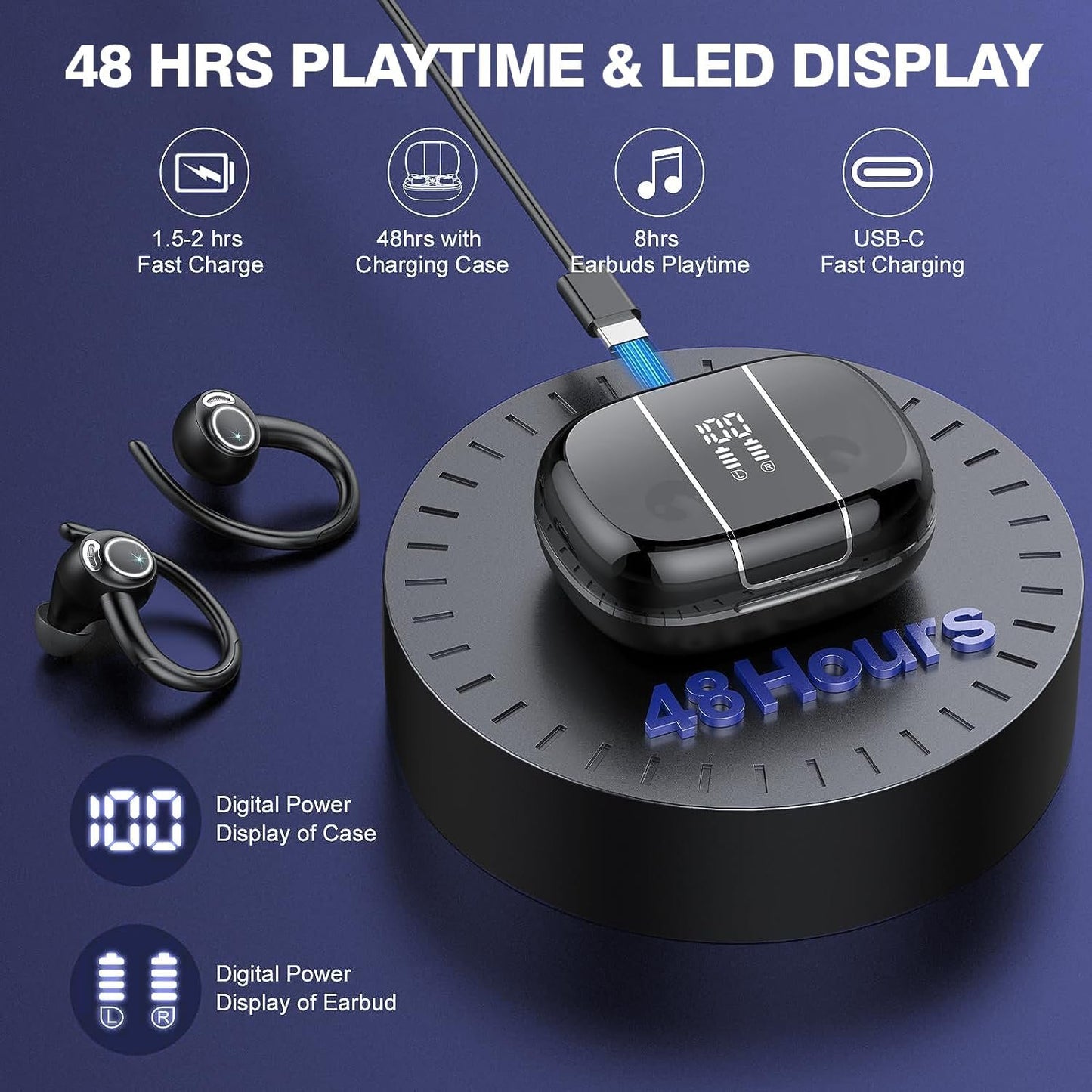 Wireless Earbud Bluetooth 5.3 Over-Ear Sport Headphones Touch Control Hi-Fi Stereo True TWS in Earphones IP6 Waterproof 48H Playback LED Power Display Noise Reduction Headset for Gym