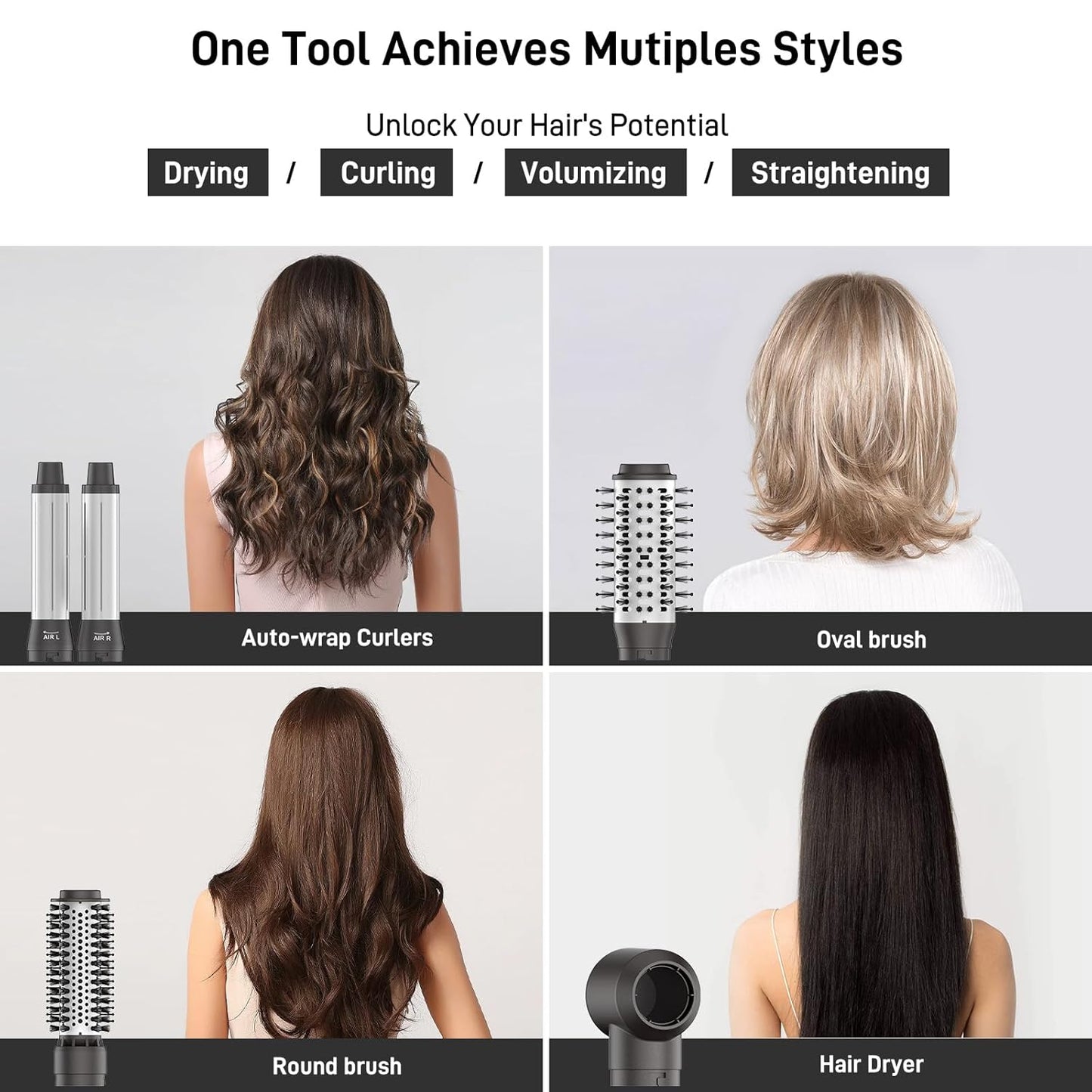 5 in 1 Hot Air Brush Set - 110,000 RPM Hair Dryer for Fast Drying, Multi-Styler with Auto-Wrap Curlers, Straightening and Volumizing Curling Brush