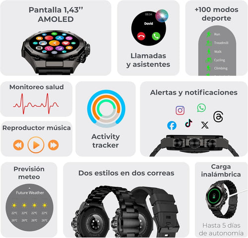 KSIX Titanium Smart Watch for Men, Sports Watch, Calls and Notifications, Steel and Silicone Strap, AMOLED Display, Health and Sports Monitor, Voice Assistant, Autonomy 7 Days, Black, black, Standard