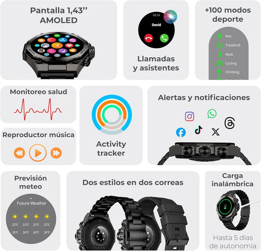 KSIX Titanium Smart Watch for Men, Sports Watch, Calls and Notifications, Steel and Silicone Strap, AMOLED Display, Health and Sports Monitor, Voice Assistant, Autonomy 7 Days, Black, black, Standard