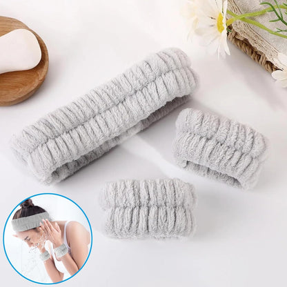 Spa Wristbands Headband Set,3 PCS Spa Headband,Face Wash Headband Wrist Band,Makeup Skincare Headband Wrist Bands,for Face Washing, Spa,Shower, Makeup Removal Hair Accessories(grey)