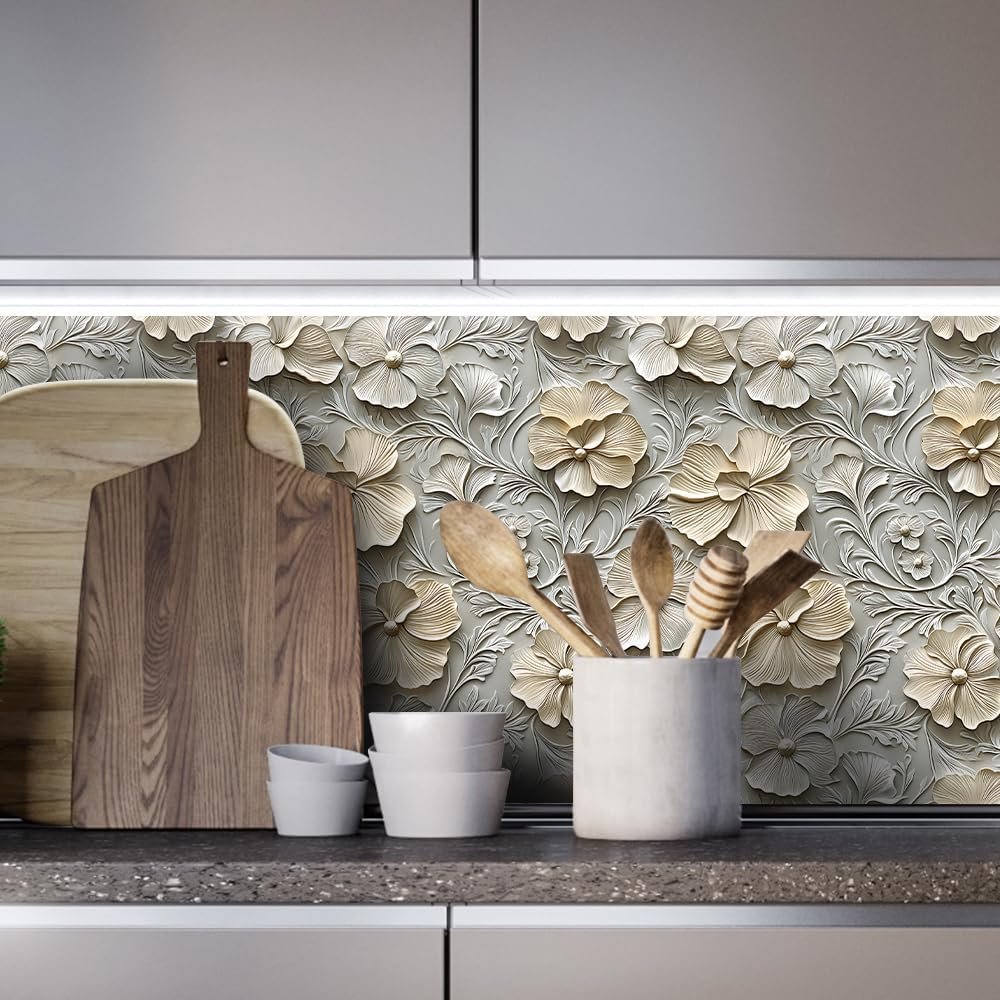 COKCOKR 3D Floral Peel and Stick Wallpaper,17.71"x236.2" Grain Floral and Leaves Self Adhesive Removable Texture Wallpaper for Bedroom Renter Friendly Contact Paper for Bedroom Bathroom Shelf Liner