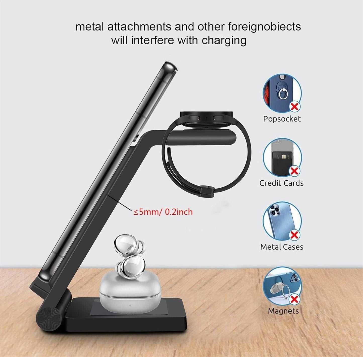 3 in 1 Wireless Charger Stand FDGAO Foldable 15W Fast Wireless Charging Station with Adapter for Samsung Galaxy S25 S24 S23 S22 S21 S20 Ultra S10 S9,Note20,Galaxy Watch 7/6/5 Pro/4/3,Galaxy Buds2 Pro