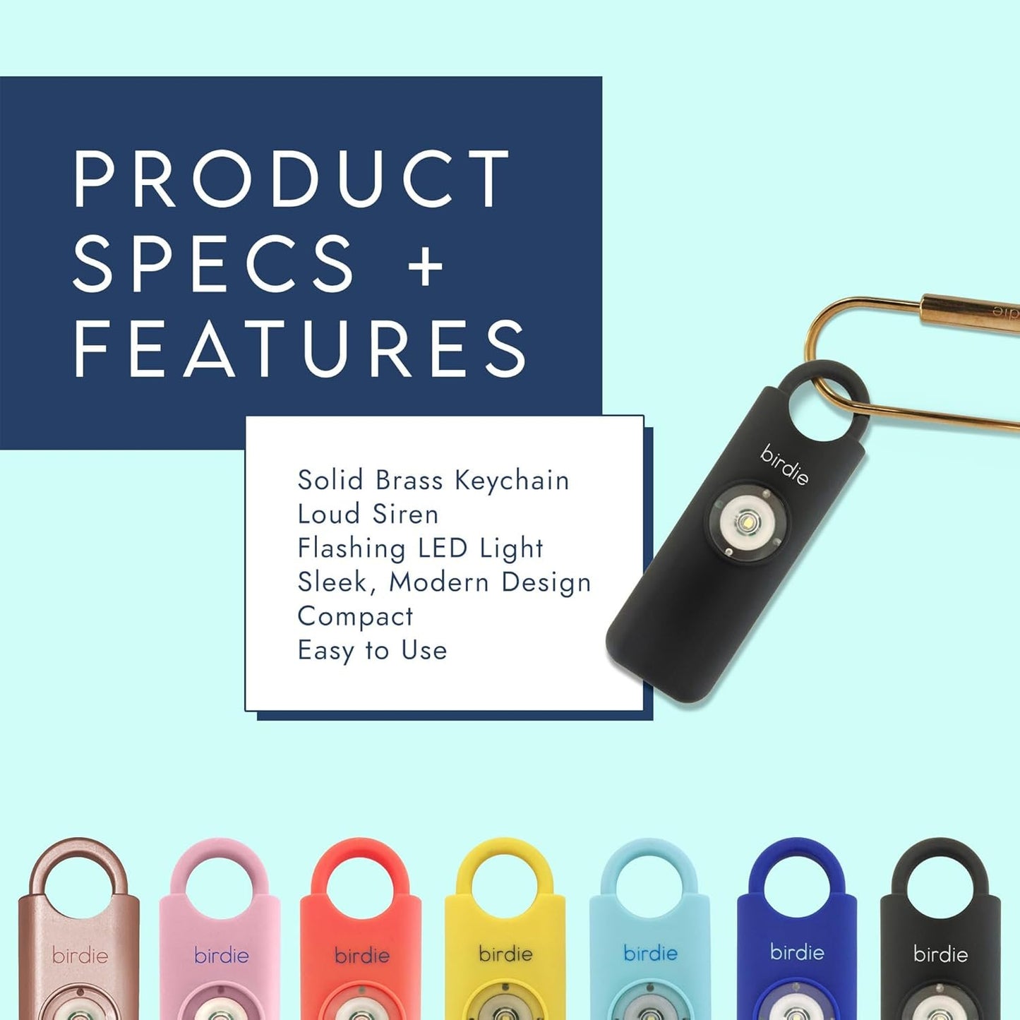 She’s Birdie––The Original Personal Safety Alarm for Women by Women––130dB Siren, Flashing Strobe Light, Solid Brass Key Chain and Key Ring in 5 Pop Colors. (Charcoal)