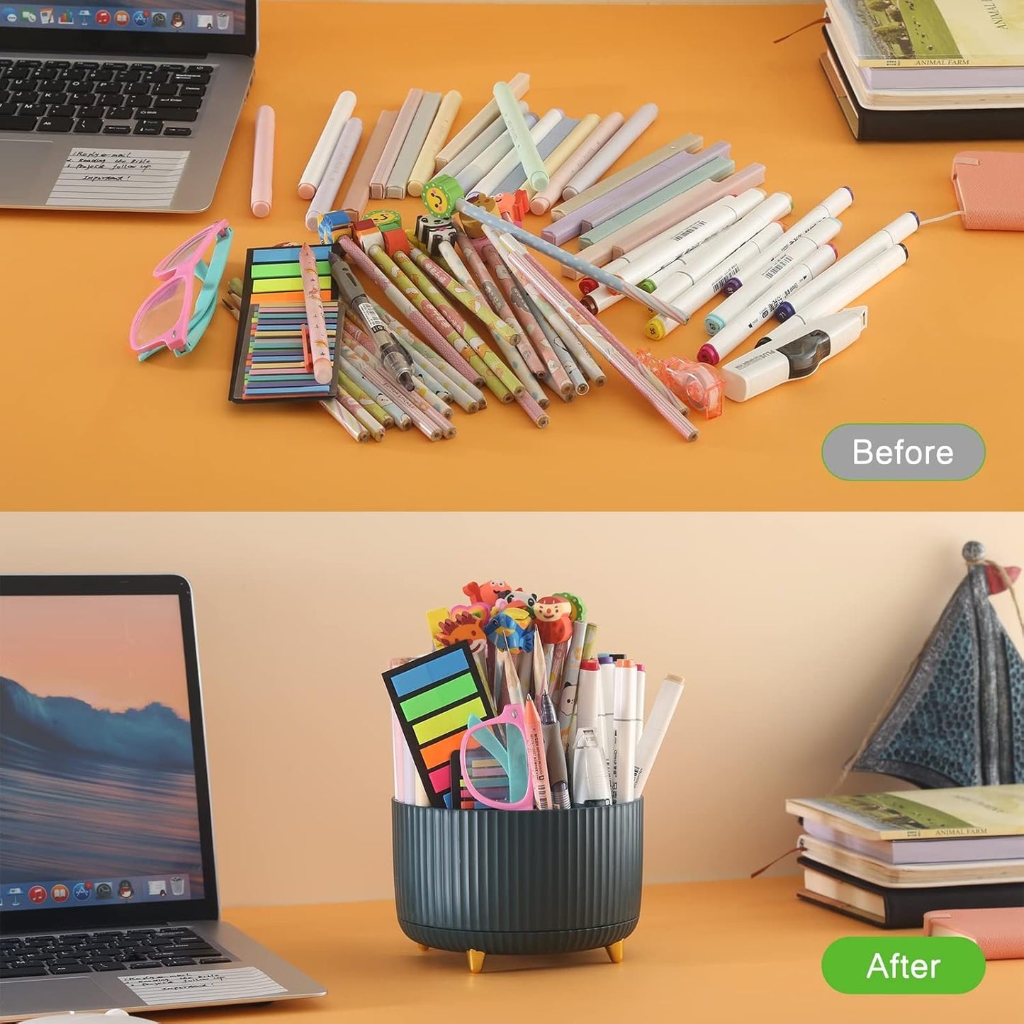 DOCMON Desk Organizer, Rotating Pen Pencil Holder for Desk, Spinning Desk Pen Organizer, Cute 5 Slots Pen Cup Pencil Cup for School, Office, Home - Dark Green