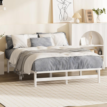 Oikiture Queen Bed Frame, Solid Pine Wood, Queen Size, White