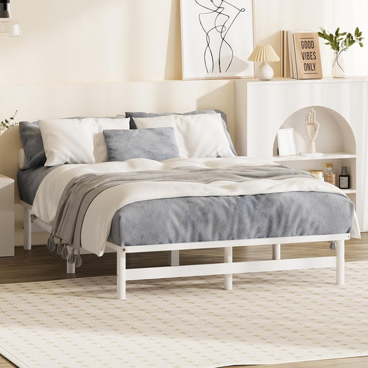Oikiture Queen Bed Frame, Solid Pine Wood, Queen Size, White