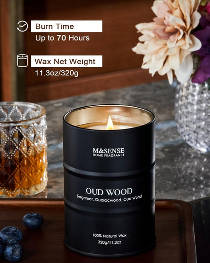 M&SENSE Oud Wood Scented Candles Natural Soy Wax, 11.3oz Tin Candle for Cozy Home Decor, Long Lasting Up to 70 Hours Burning Time, Unique Candle s for Men Women