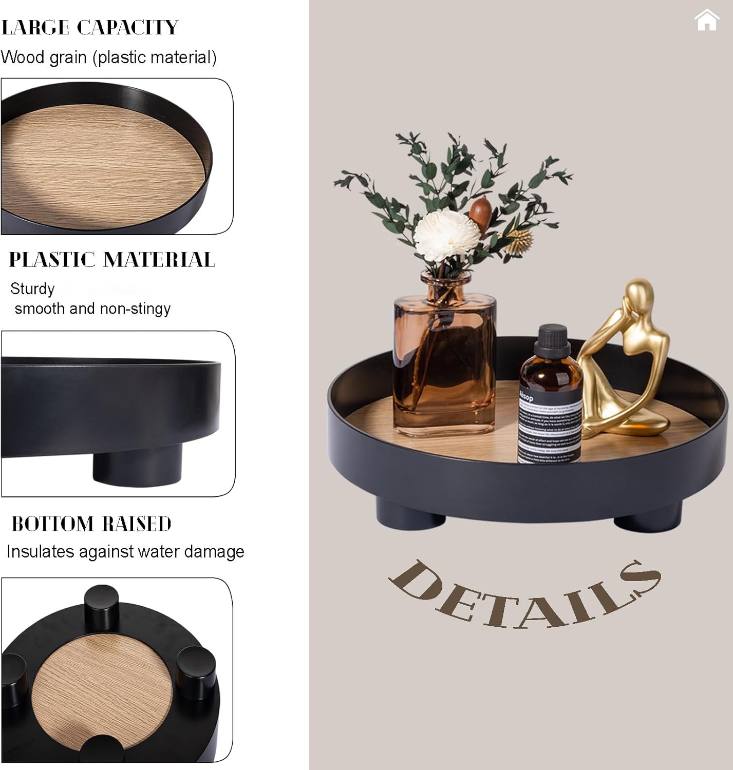Decorative Tray Coffee Table Tray Round Trays for Home Decor Bathroom Counter Tray Perfume Organizer for Dining Table, Dresser, Kitchen,12 Inch, Black