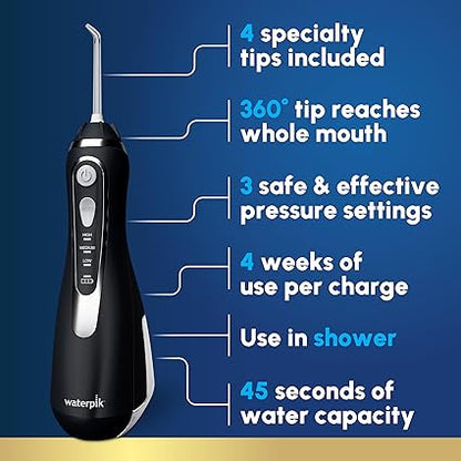 Waterpik Cordless Advanced 2.0 Water Flosser For Teeth, Gums, Braces, Dental Care With Travel Bag and 4 Tips, ADA Accepted, Rechargeable, Portable, and Waterproof, Black WP-582, Packaging May Vary