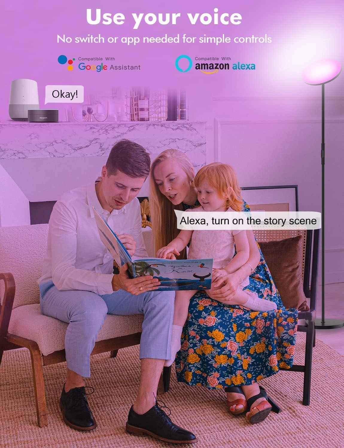 Smart RGB Floor Lamp Compatible with Alexa Google Home, WiFi Remote Modern Tall Standing Light, Color Changing & Dimmable Uplighter LED Floor Lamp for Living Room, Bedroom