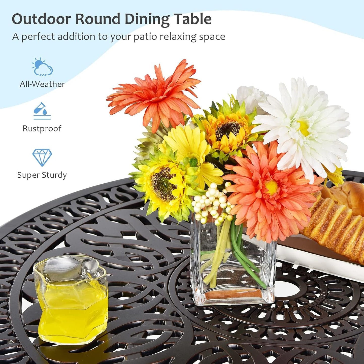 Giantex Bistro Table, Cast Aluminum Round Dining Table, 36” Tabletop 2” Umbrella Pole Hole, Weather Resistant for Outdoor Garden Poolside Backyard Patio (Red Copper)