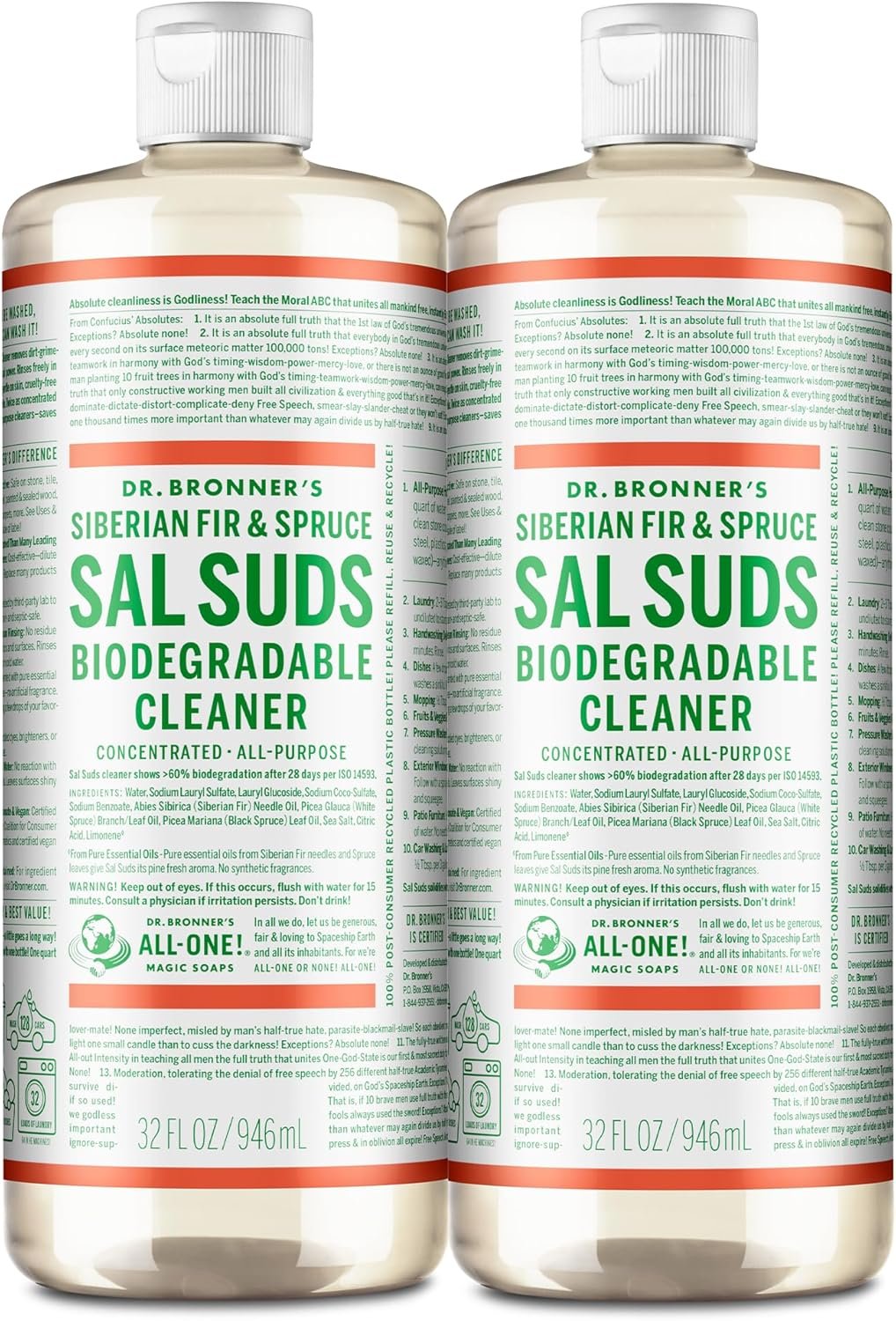 Dr. Bronner's - Sal Suds Biodegradable Cleaner (946 mL, 2-Pack) - Concentrated All-Purpose Cleaner, Pine Cleaner for Floors, Laundry and Dishes, Cuts Grease and Dirt, Cleaning Concentrate Formula
