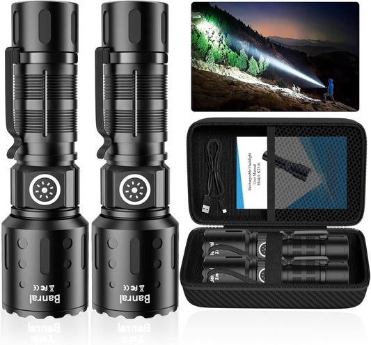 Flashlights High Lumens Rechargeable, 1500M Long Throw Super Bright LED Small Powerful Flashlight with Memory Function, 6Modes Pocket Waterproof Flash Light for Camping (2, Black)