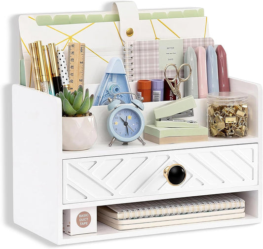 white Wood Desk Organizer and Accessories with Drawer, Bill Mail Organizer for Office Supplies Storage & Desk Accessories, File Mail Holder for Office Desk Organization, Workspace Organizers