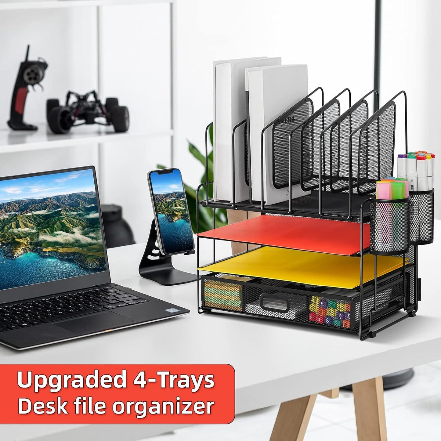 Marbrasse Mesh Desk Organizer, Office Desk Organizers and Accessories, Desktop File Organizer with Drawer and 2 Pen Holders, Desk Storage for Office, School, Home