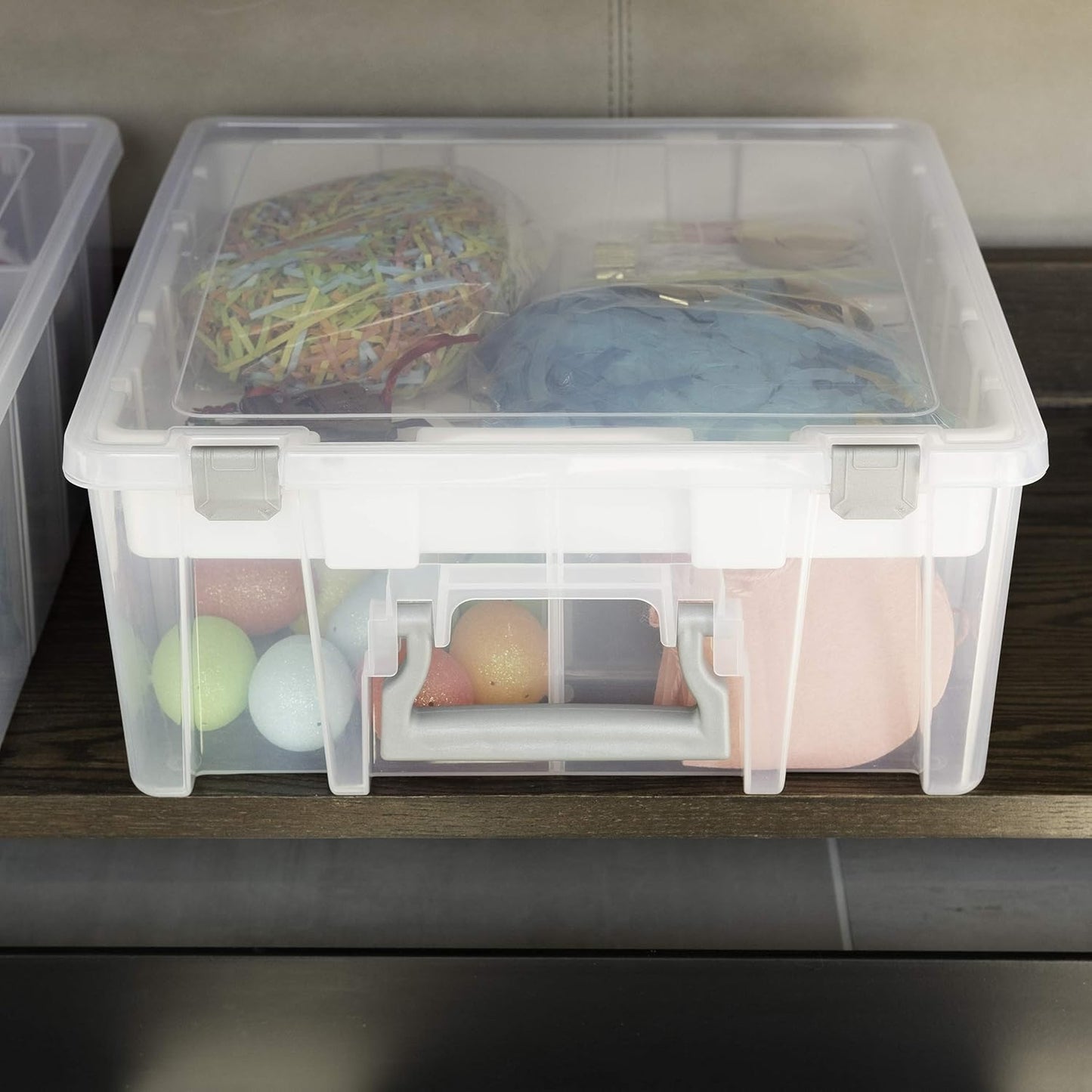 AB Designs 6899ABD Super Satchel Double Deep with Lift-Out Tray and Removable Dividers, Stackable Home Storage Organization Container, Clear with Sliver Latches and Handle