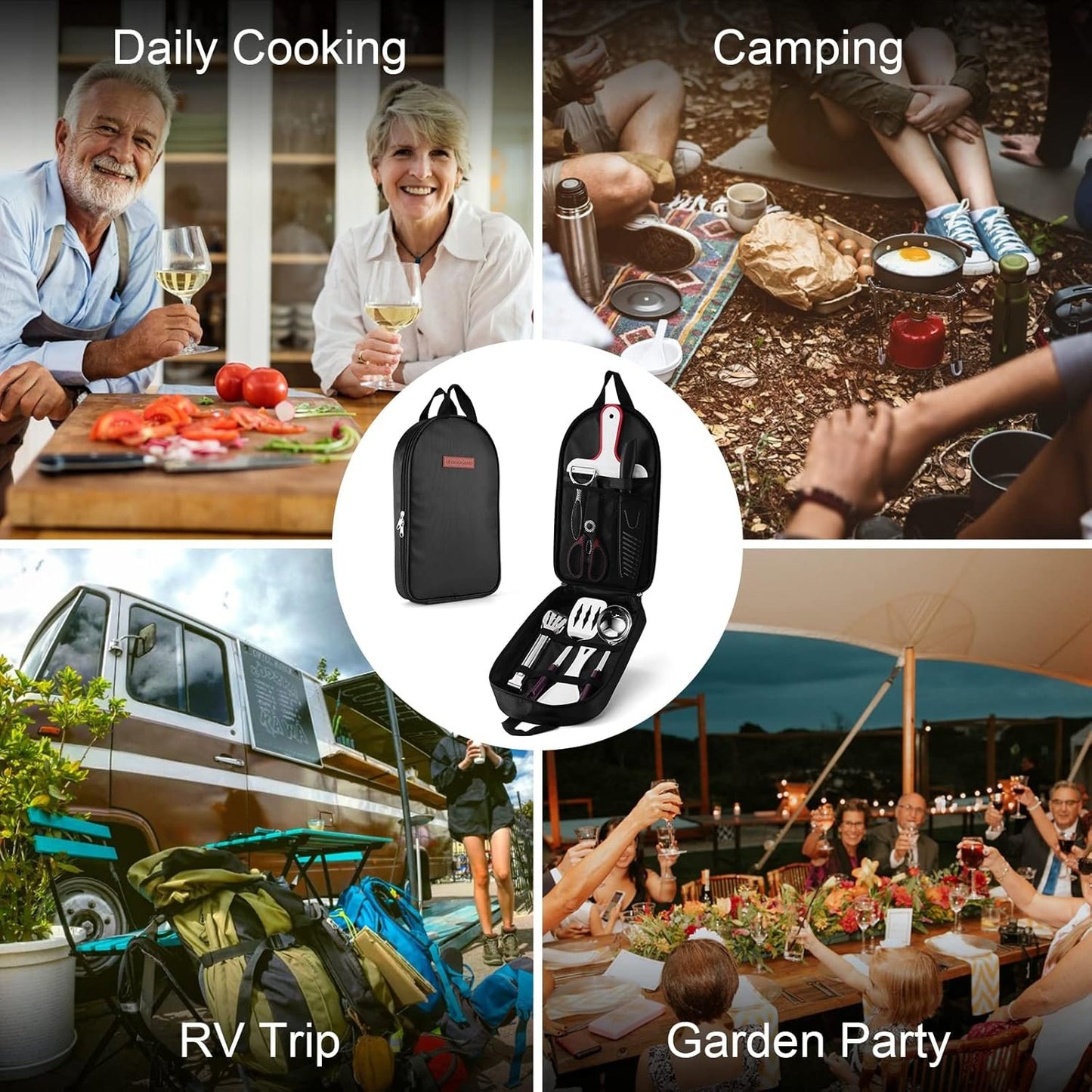 Odoland 8pcs Camping Kitchen Utensil Set, Cooking Utensil Organizer with Water Resistant Case for BBQ, Travel,Camping, Hiking, Cooking and Outdoor Activities