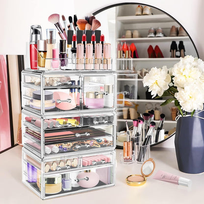 DILIBRA Acrylic Makeup Organizer, Stackable Clear Cosmetic Display Case with 10 Drawers, Large Skin Care Storage Organizer Display Box for Jewelry Hair Accessories Vanity Bathroom Counter Dresser