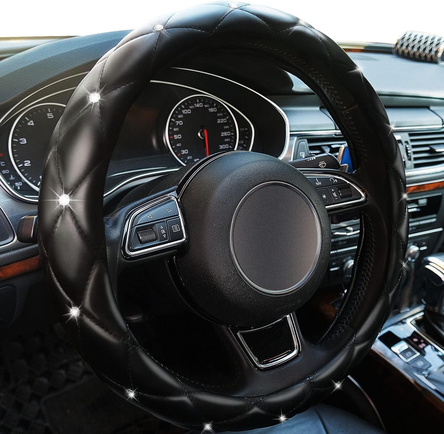 Xizopucy Diamond Leather Bling Steering Wheel Cover, Universal Car Steering Wheel Protector with Crystal Rhinestones Anti-Slip Soft Interior Accessories for Women and Girl Fit 15 inch -Black