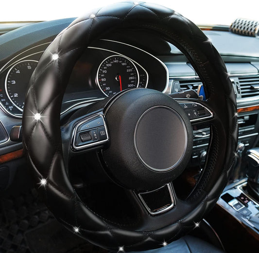 Xizopucy Diamond Leather Bling Steering Wheel Cover, Universal Car Steering Wheel Protector with Crystal Rhinestones Anti-Slip Soft Interior Accessories for Women and Girl Fit 15 inch -Black