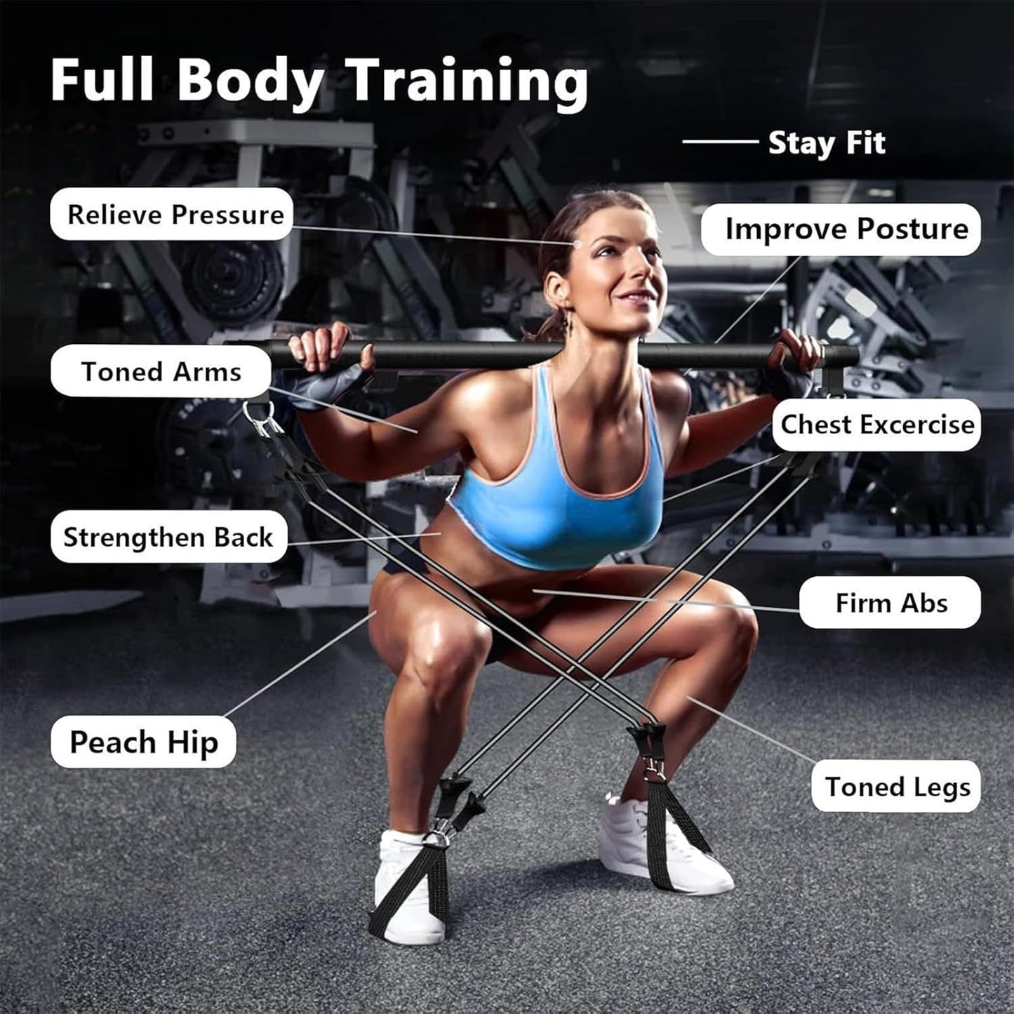 Pilates Bar Kit, Adjustable Workout Bar, Resistance Band Trainer, Multifunctional Fitness Gear, Ideal for Legs, Butt, Hip, Waist, Arm, Home Gym, Body Toning, 9,84 x 15,75 x 2,76 pollici