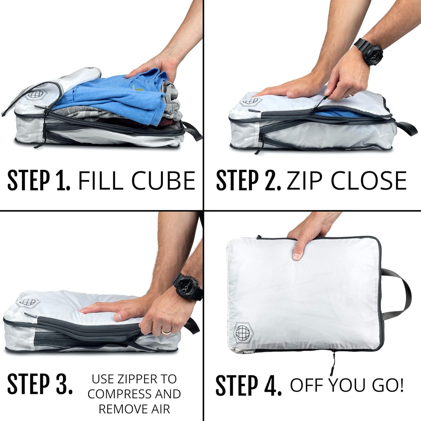 Extra Large Compression Packing Cube 6 Piece Set for Travel and Check Luggage (White/Grey)