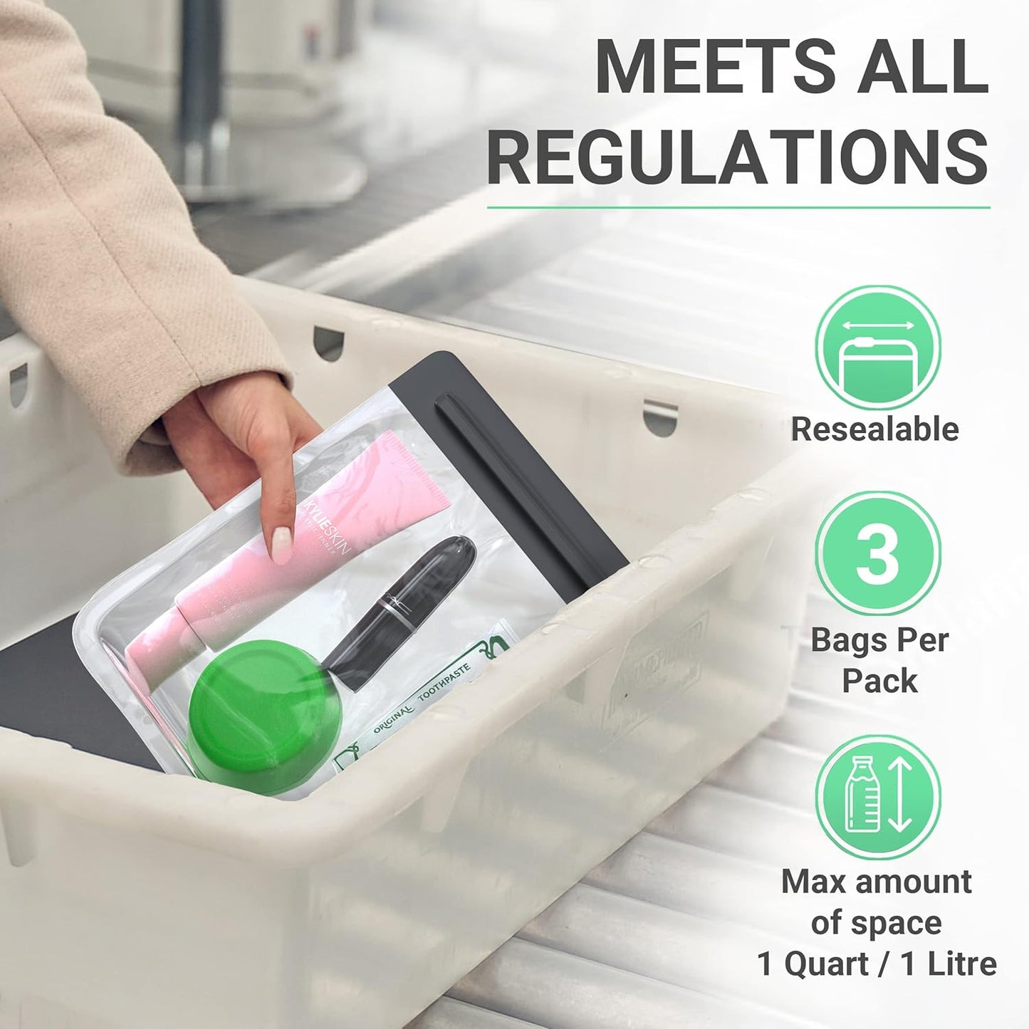 Ogato 3pcs - TSA Approved Toiletry Bag - Our Quart Size Clear Toiletry Bags are Security Approved Worldwide for Liquids & Cosmetics 3-1-1 Compliant Clear Travel Bags for Toiletries, Black, Air Tight