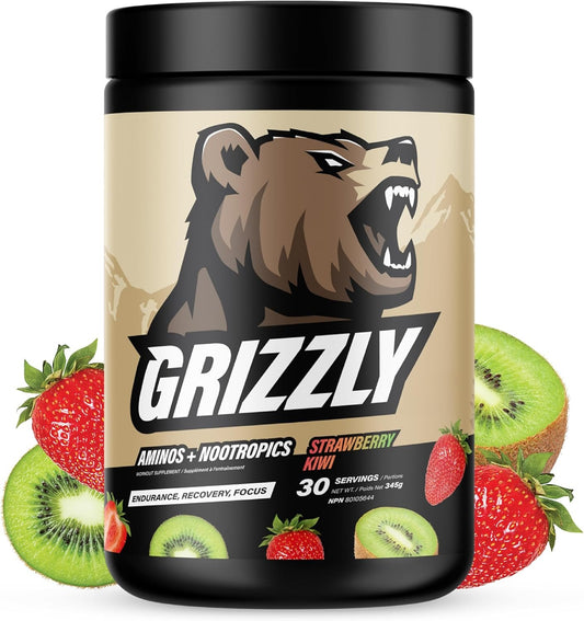 GRIZZLY AMINOS & NOOTROPICS STRAWBERRY KIWI, Endurance, Recovery, Focus, EAA, Amino Acids, Tyrosine