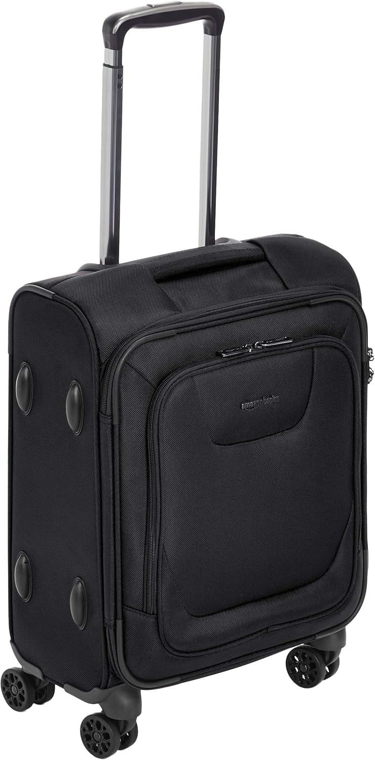 Amazon Basics 20-Inch Carry On Luggage, Softside Suitcase With TSA Lock, 8 Spinner Wheels, Front Exterior Pocket, 3 Interior Pockets For Dry and Damp Clothes/Towels Separately, Black