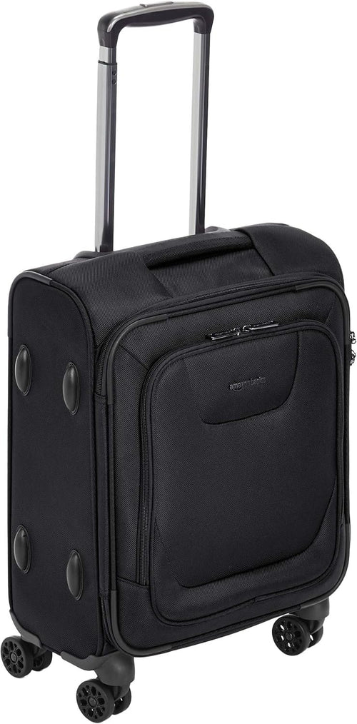 Amazon Basics 20-Inch Carry On Luggage, Softside Suitcase With TSA Lock, 8 Spinner Wheels, Front Exterior Pocket, 3 Interior Pockets For Dry and Damp Clothes/Towels Separately, Black