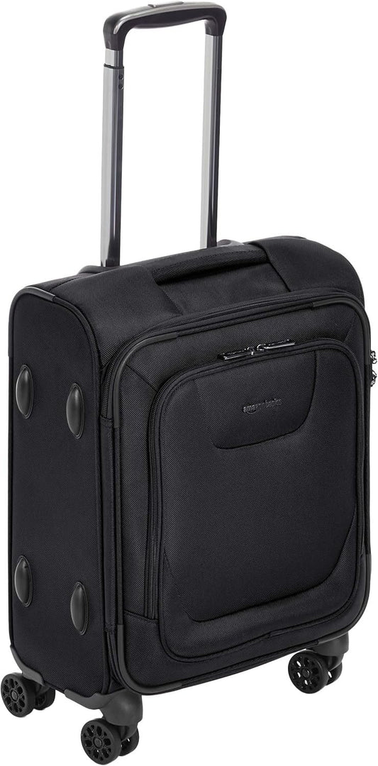 Amazon Basics 20-Inch Carry On Luggage, Softside Suitcase With TSA Lock, 8 Spinner Wheels, Front Exterior Pocket, 3 Interior Pockets For Dry and Damp Clothes/Towels Separately, Black