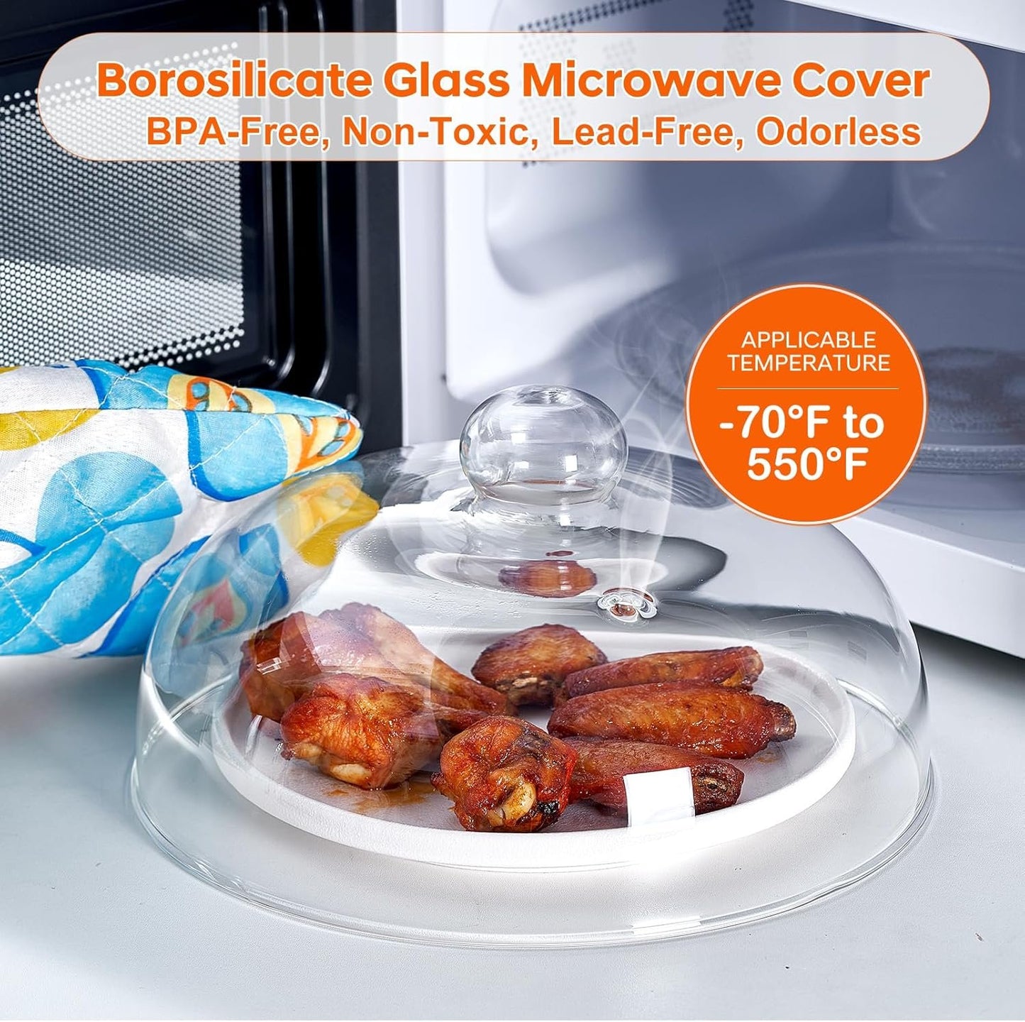 10inch Glass Microwave Cover for Food, Tall Sturdy Borosilicate Glass Splatter Cover Guard Lid with Heat-resistant Gloves, Dishwasher Safe