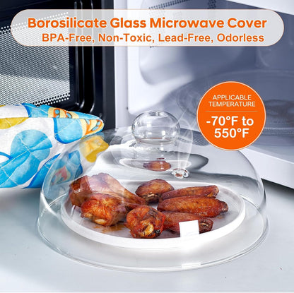 10inch Glass Microwave Cover for Food, Tall Sturdy Borosilicate Glass Splatter Cover Guard Lid with Heat-resistant Gloves, Dishwasher Safe