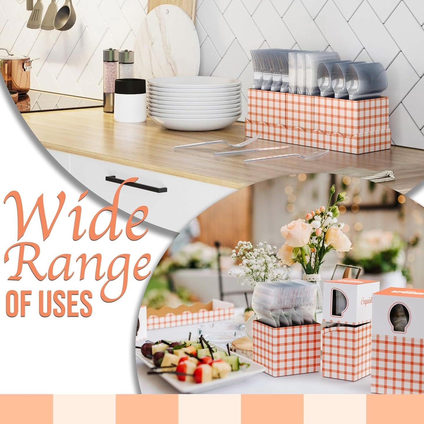 Exquisite Utensil Caddy Organizer with Clear Plastic Forks and Spoons & Knives Gingham Kitchen Utensil Holder for Party with 3 x 100 Plastic Spoons and Forks Disposable Knives Clear Cutlery Set