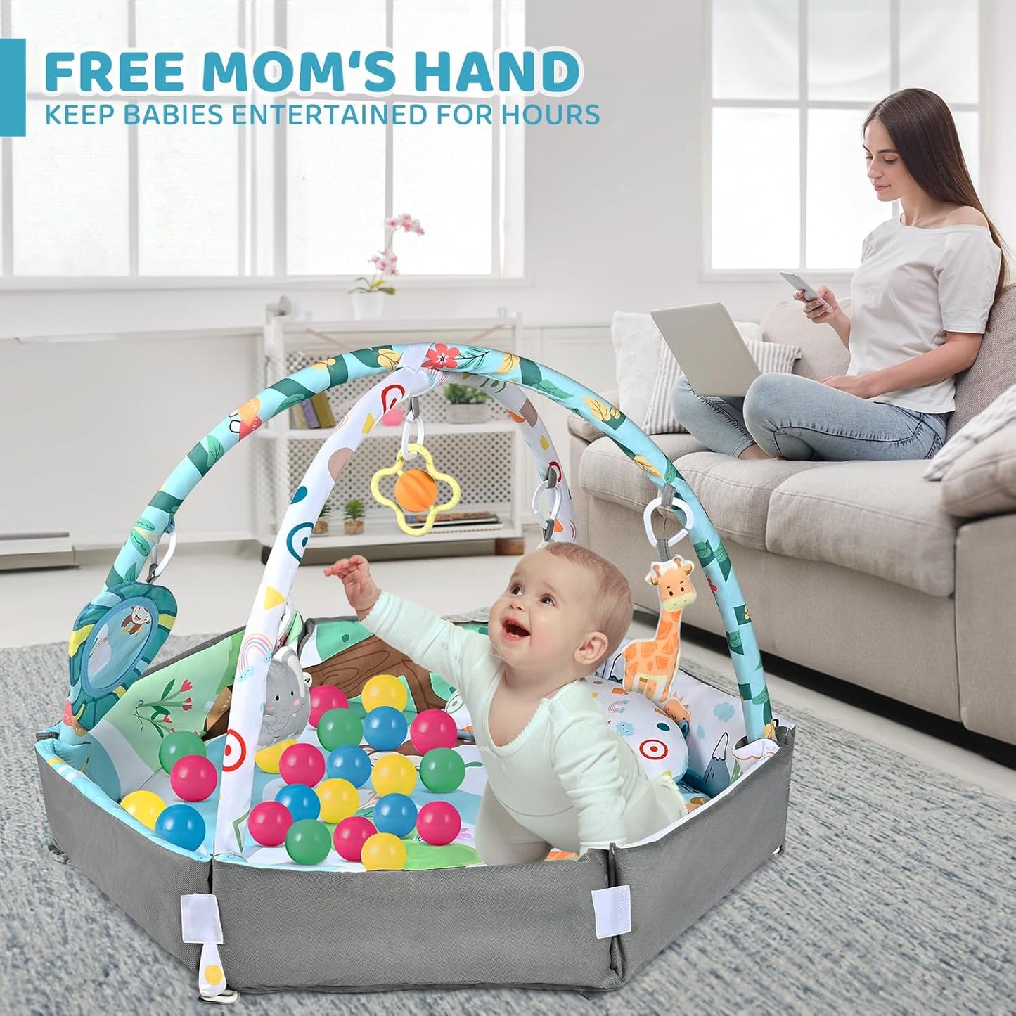 Baby Gym Play Mat, 8-in-1 Tummy Time Mat & Ball Pit with 6 Toys, Washable Baby Activity Play Mat for Visual, Hearing, Sensory, Motor Development, Baby Toys Toddler Infant 0-3-6-9-12 Months