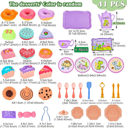 LOYUEGIYO Dinosaur Tea Party Set Toys for Girls Boys Toddler,Children Kitchen Pretend Role Play Food Toy,Educational Learning Kid Girl Toys Gifts for 3 4 5 6 7 Year Old,Teapot&Teacups&Dishes&Desserts