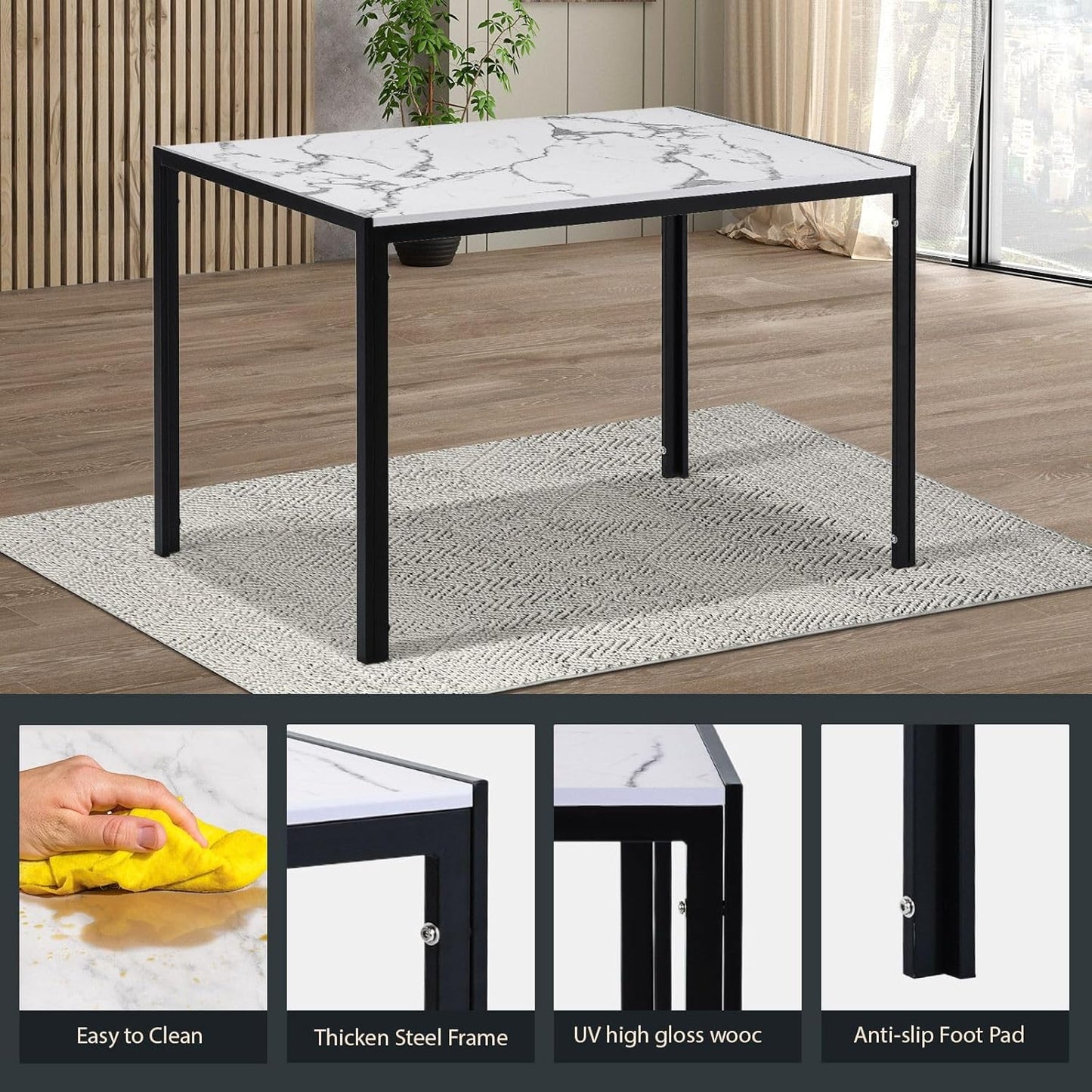 Luxsuite Dining Table Set Marble Tabletop Rectangular 120cm Modern Sintered Stone Glossy Marble Effect Top Dinner Tables 4 Seater with Tapered Metal Legs Dining Room Home Lounge Kitchen White