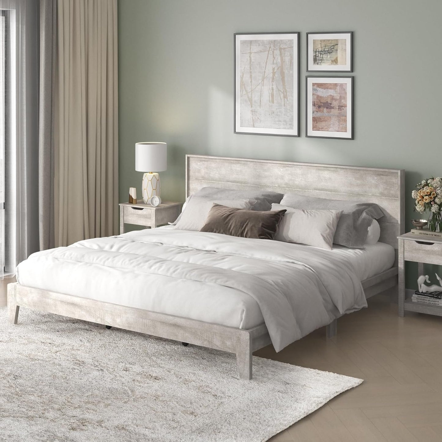 Galano Payne King Bed Frame with Headboard – Dusty Grey Oak Platform Bedframe, King Size Bed Frame, Base de Lit King, Solid Wood Foundation, Wood Slat Support, 80.35" D x 85.31" W x 40.16" H
