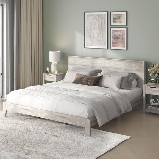 Galano Payne King Bed Frame with Headboard – Dusty Grey Oak Platform Bedframe, King Size Bed Frame, Base de Lit King, Solid Wood Foundation, Wood Slat Support, 80.35" D x 85.31" W x 40.16" H