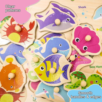 LOYUEGIYO 6PCS Toddler Wooden Peg Puzzle Toys for Age 2-4 3-5 Year Old Boys Girls,Educational Learning Sensory Toy,Puzzles for Toddlers Kids,Dinosaur&&Ocean&Alphabet&Number Shape&Animal&Fruit Puzzles
