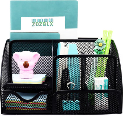 ZDZBLX Desk Organizers, Metal Mesh Stationery Desktop Organizer, Pen Holder Desk Organizer and Storage Office Supplies Desk Accessories Essentials Caddy with Drawer for Home, Office, School (Black)