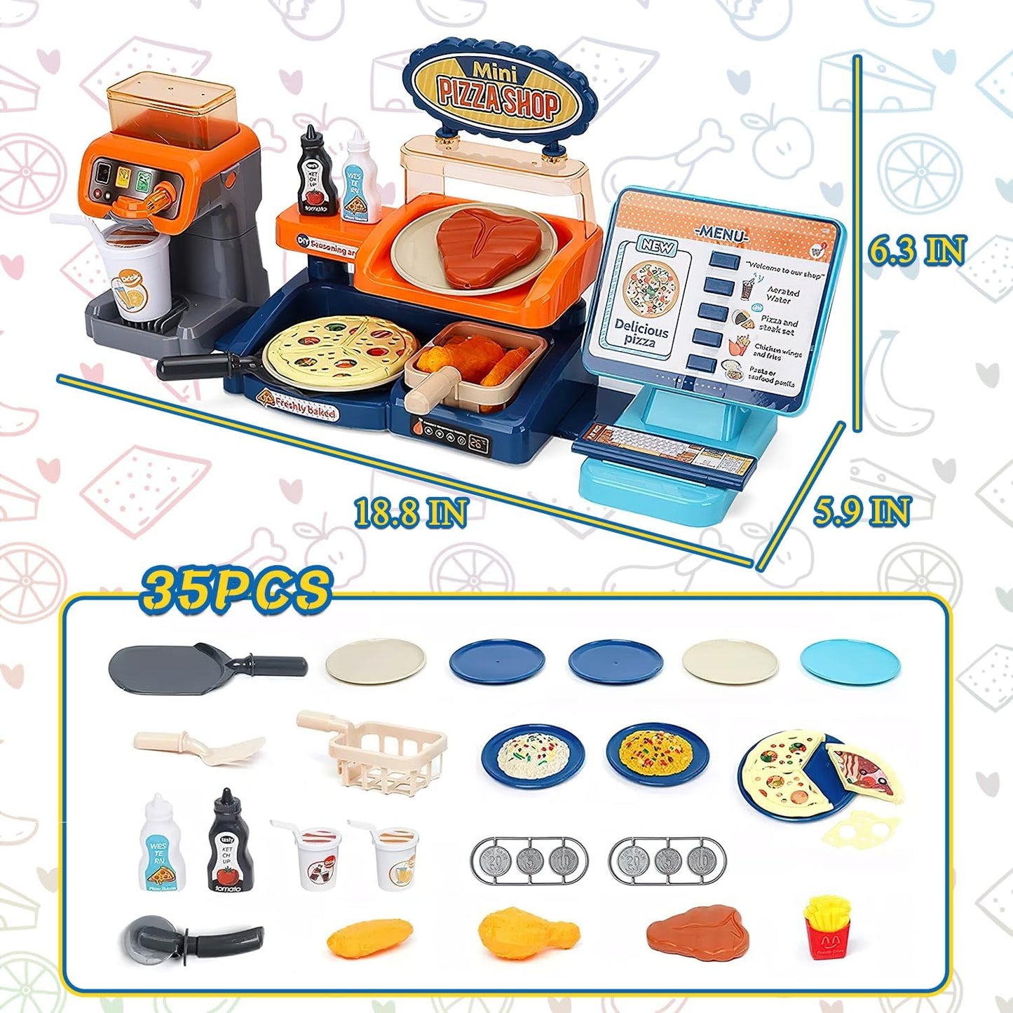 fisca Pretend Play Store 35 Piece Pizza Play Set with Cash Register for Preschool Kids Pretend Role Play Toy Pizza Shop Kids Playset 3+