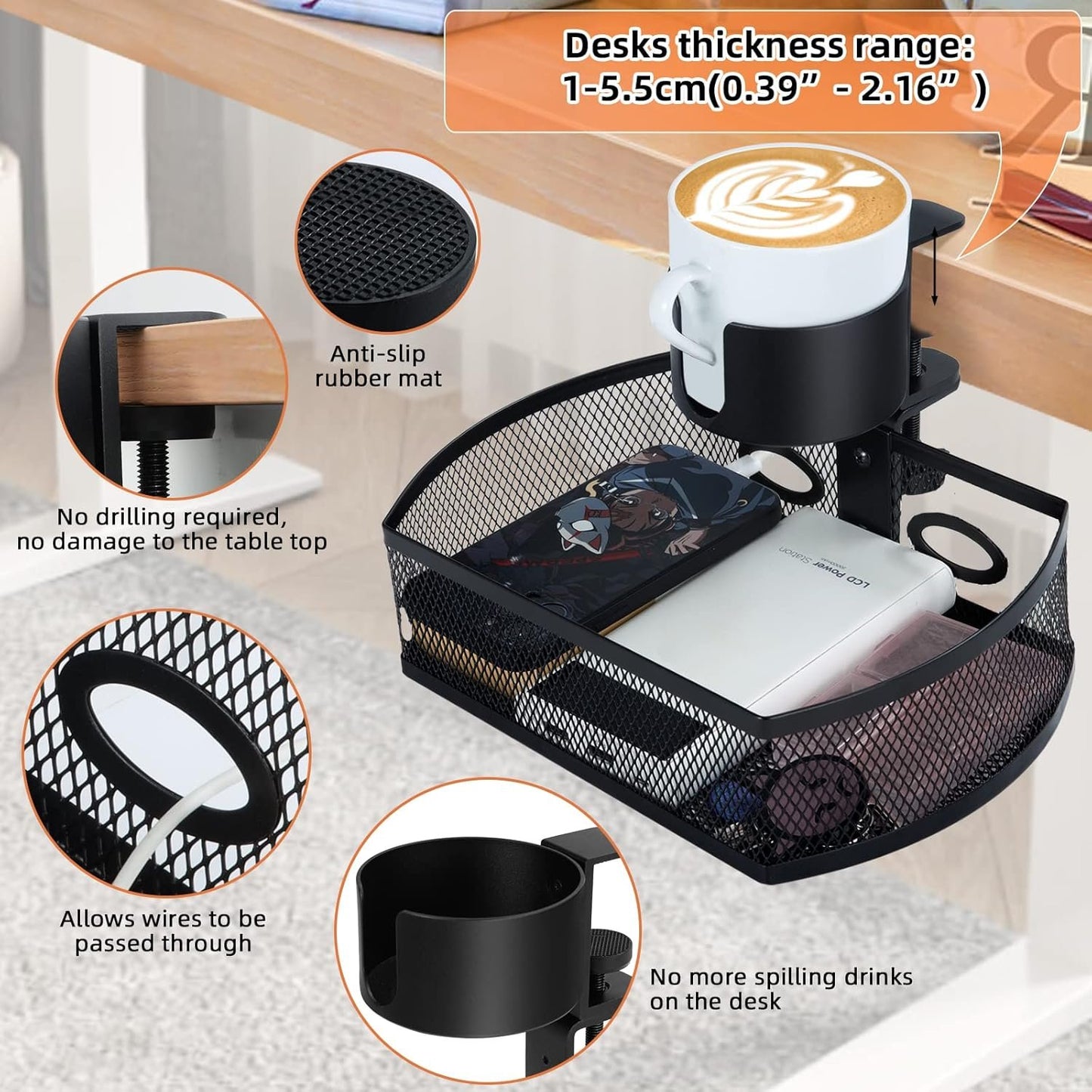 AnExer Under Desk Storage, Desk Cup Holder, 360 ° Rotary Desk Storage Organizer, C-clamp Mounting and Do Not Hurt The Table- Reduce Desk Clutter with Office Desk Basket & Clip on Cup Holder (Black)