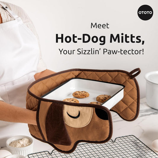 OTOTO Hot-Dog Oven Gloves - Cute, Fun, Dachshund Pattern, Double Heat Resistant, Dog Lovers Gifts, Kitchen Utensils (Brown)