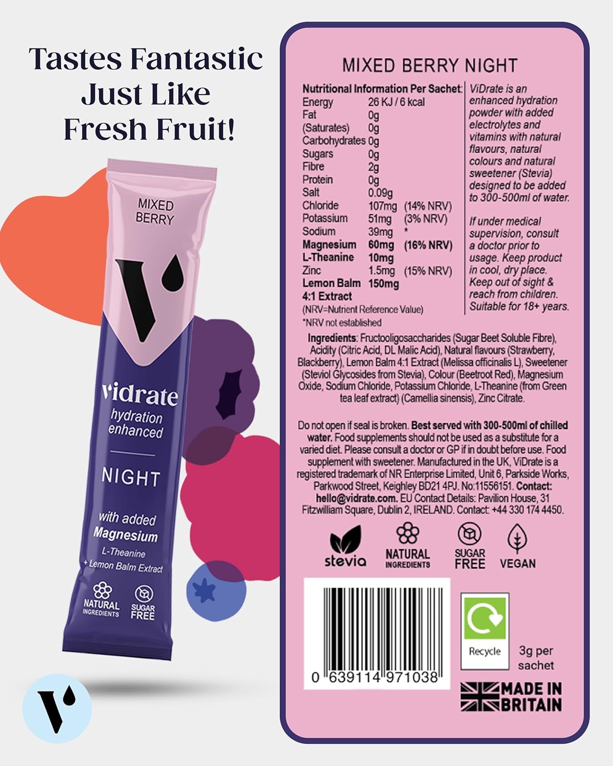 Vidrate Electrolyte Powder Hydration Sachets - Hydration Powder Packs with Vitamins - Zero Sugar, No Artificial Sweeteners or Preservatives - 8 Electrolyte Sachets, Night Time Mixed Berry