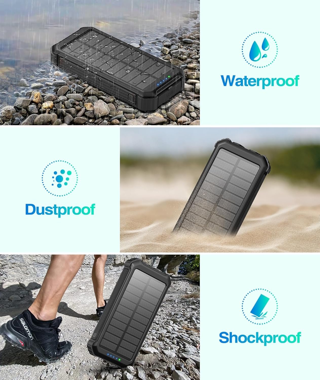 LATIMERIA Solar Charger Power Bank, Portable Phone Charger with USB C in/Output, 5V3.1A QC 3.0 Fast Charging for Cellphone, External Battery Pack Compatible with iPhone Samsung Google etc