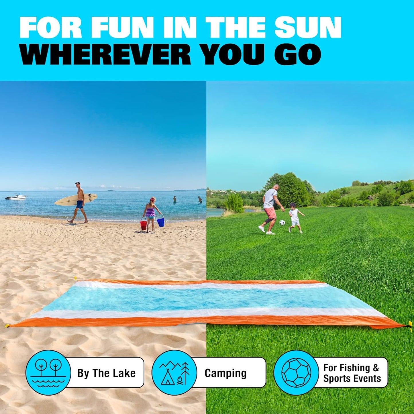 SUN NINJA Sand Free Beach Blanket - Outdoor Blanket, Beach Mat & Accessories - 10ft X 9ft Lightweight Blanket with Storage, Bottle Opener, Carabiner, Shoulder Strap, Corner Sand Pockets & 4 Stakes
