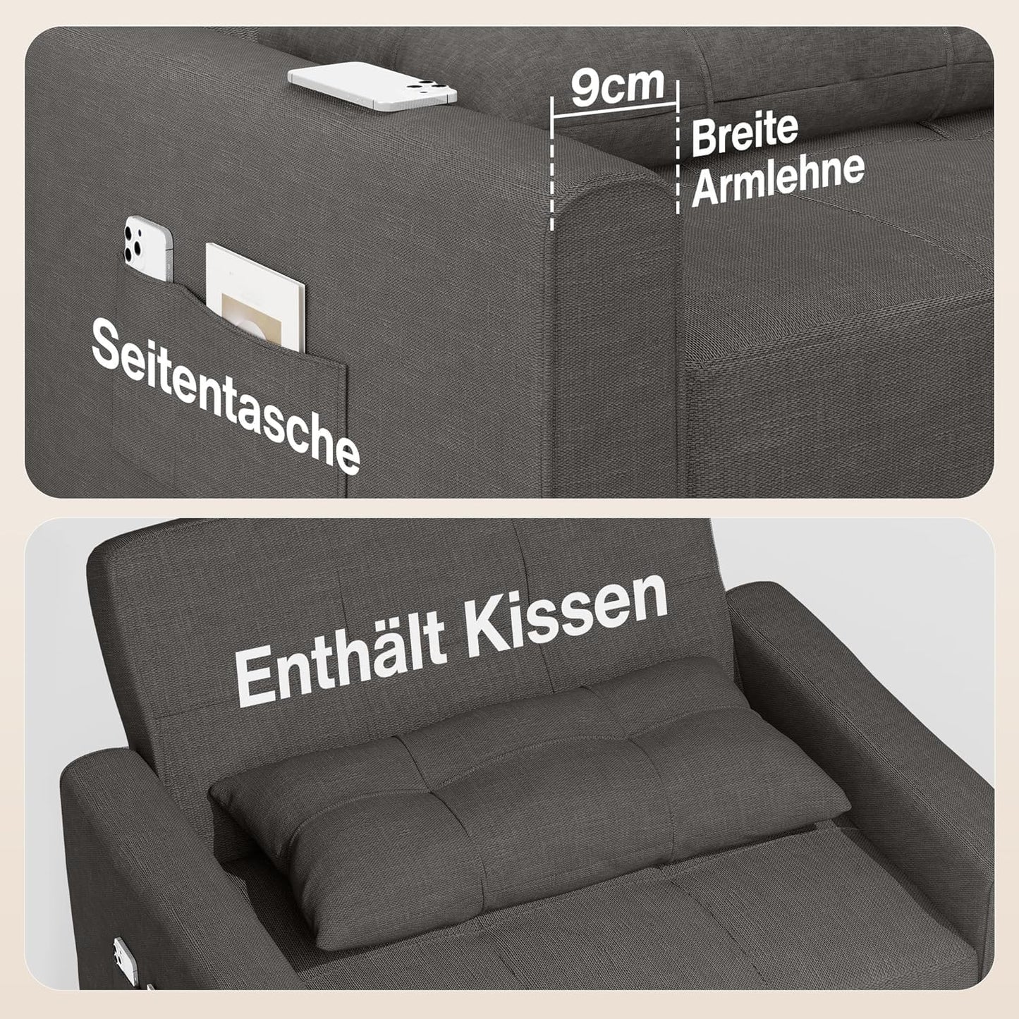 Bealife Relaxing Chair, Armchair Bed with Adjustable Backrest, Single Chair, Recliner Armchair for Living Room, Bedroom, Balcony and Office (Dark Grey)