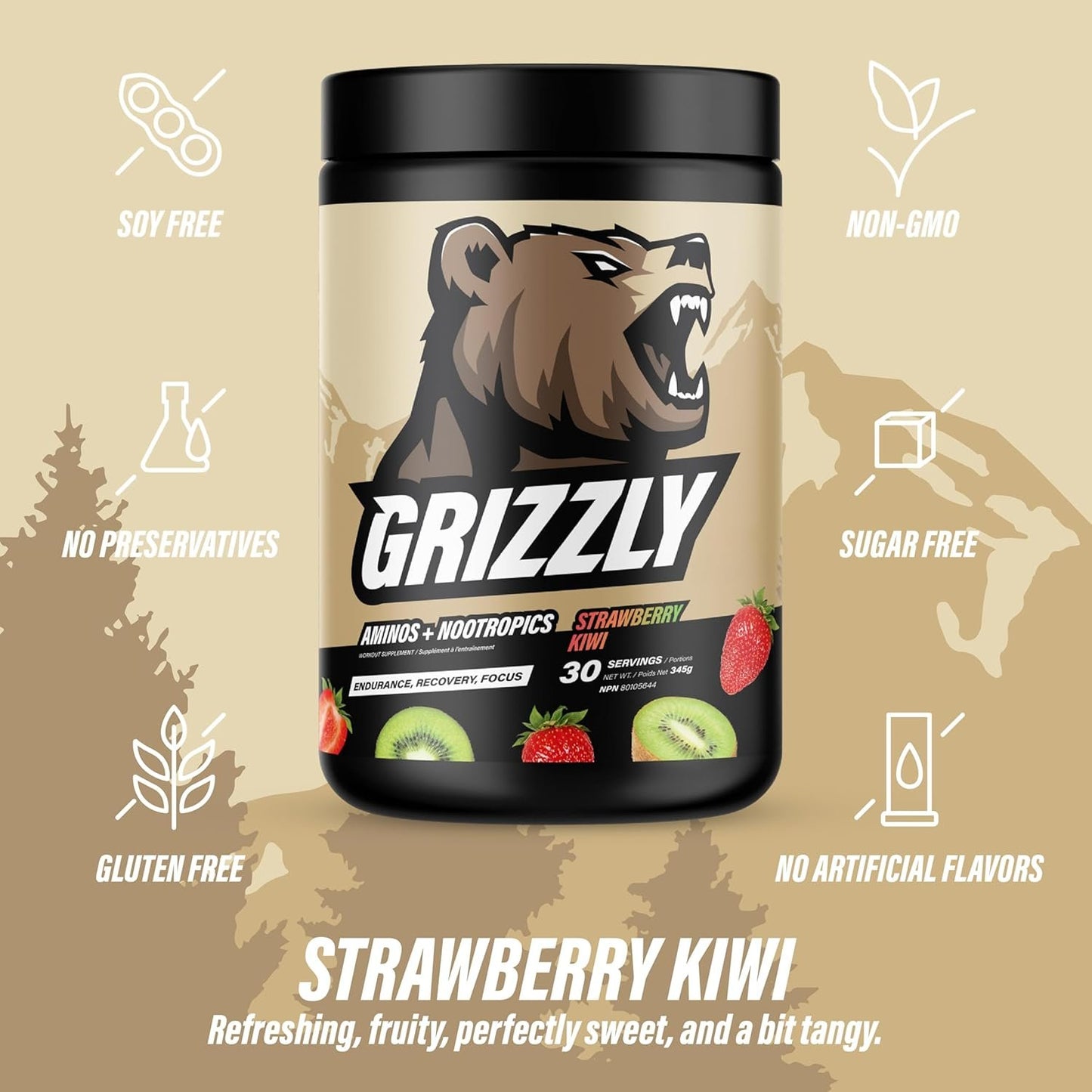 GRIZZLY AMINOS & NOOTROPICS STRAWBERRY KIWI, Endurance, Recovery, Focus, EAA, Amino Acids, Tyrosine